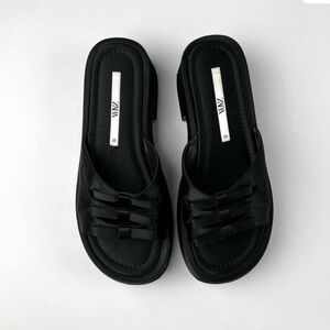 Zara Black Block Heeled Satín Sandals with Bow Detail